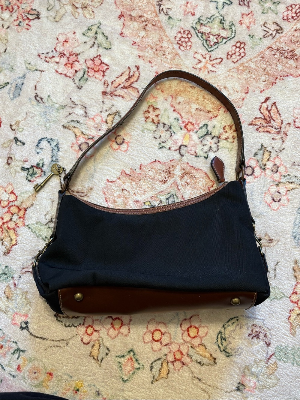 Fossil Black Canvas Shoulder Bag with Brown Leather Trim